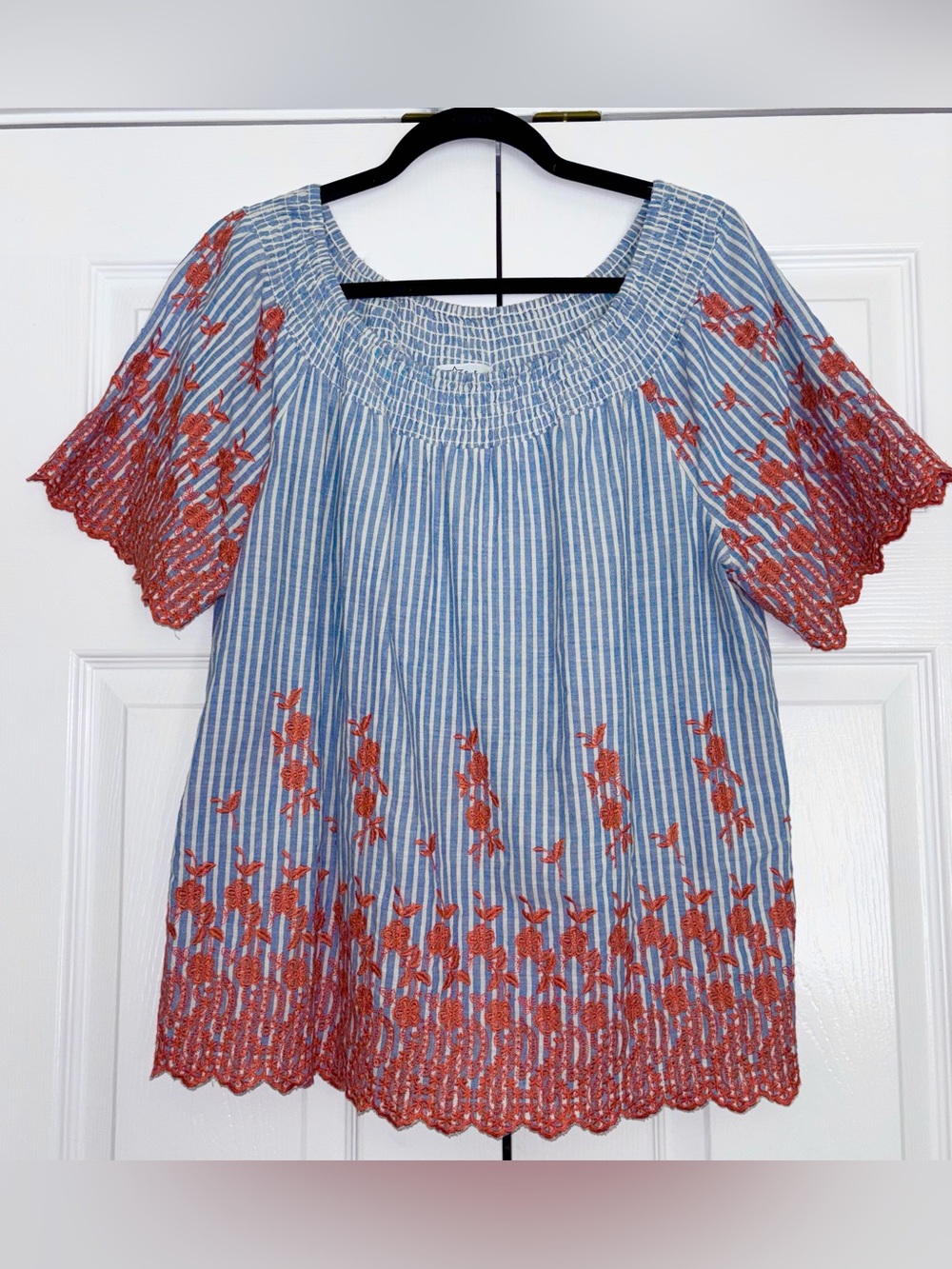 Striped Floral Embroidered Cotton Top size Large